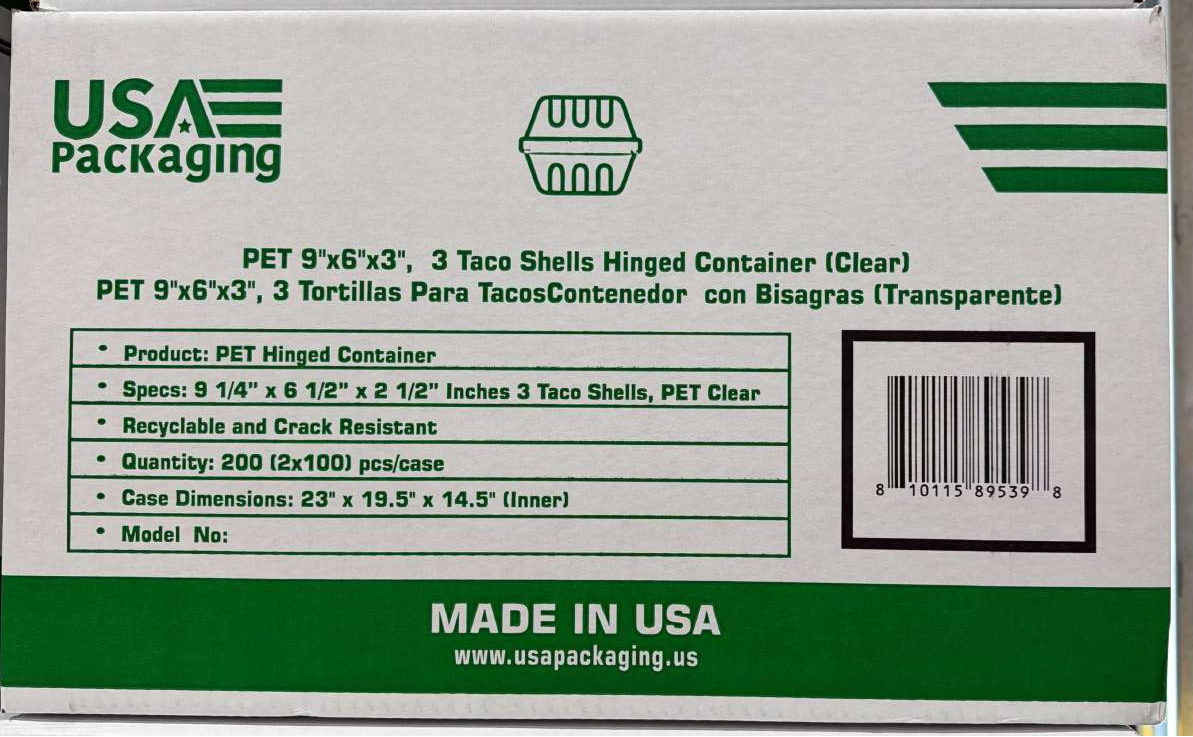 3 Taco Shells Hinged Containers 9x6x3 200ct
