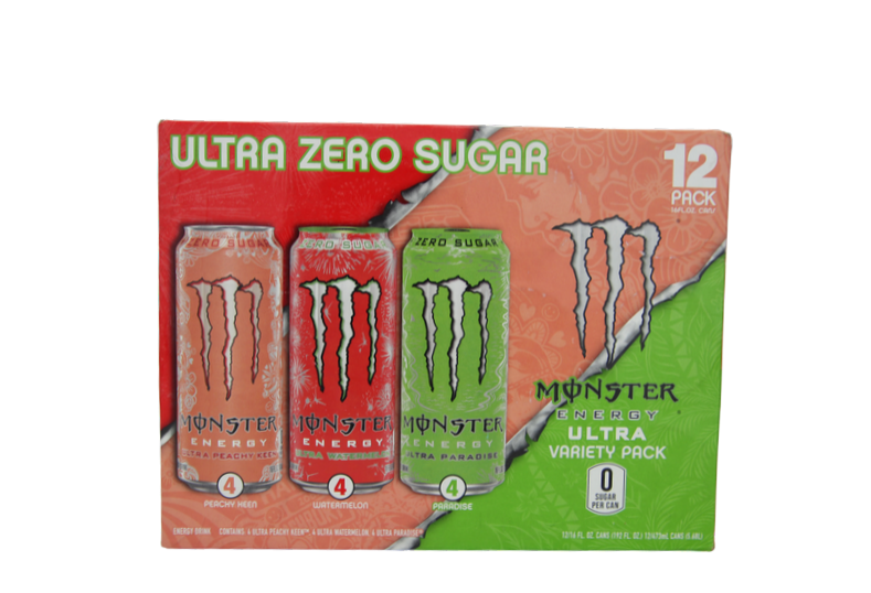 MONSTER ENERGY ULTRA ZERO SUGAR PEACHY HEEN, WATERMELON, PARADISE 12PK/16OZ