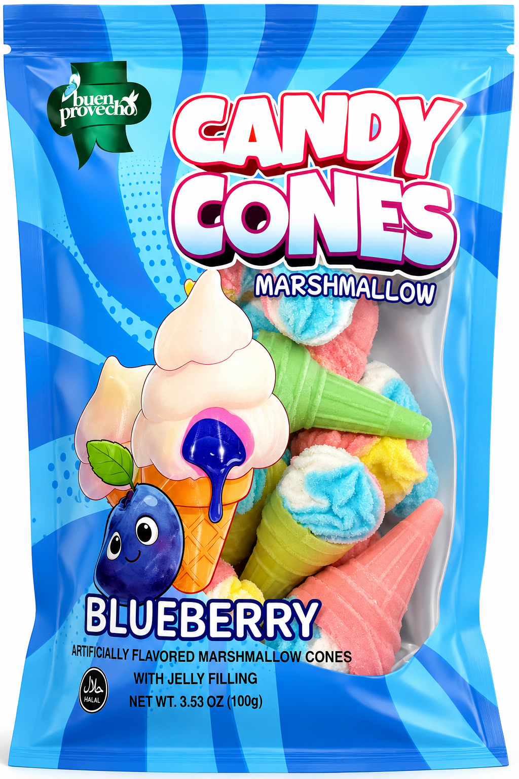 Buen Provecho Marshmallow Cones Blueberry 1/20pc/3.53oz/100g